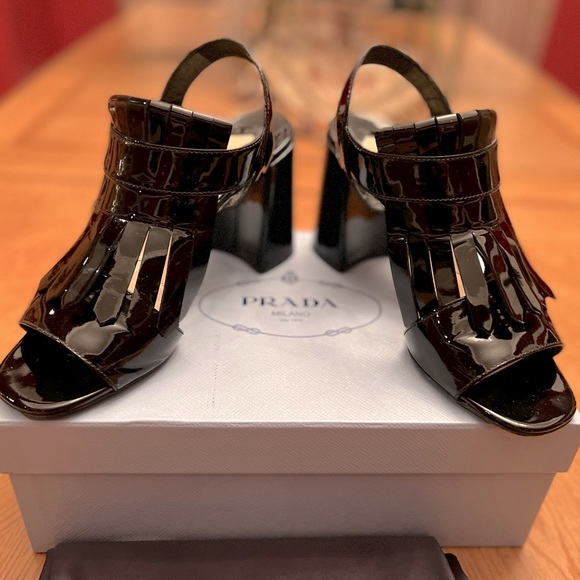 PRADA Patent Leather Kilt Block-Heel Sandals - Picture 13 of 15